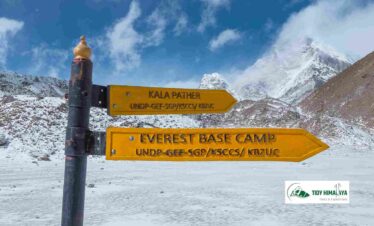 Wooden Signpost Indicating the Way to Everest Base Camp and the Summit of Kala Patthar