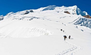 Mountaineers climbing through high altitude snow glacier Mera Peak Climbing Himalayas Nepal